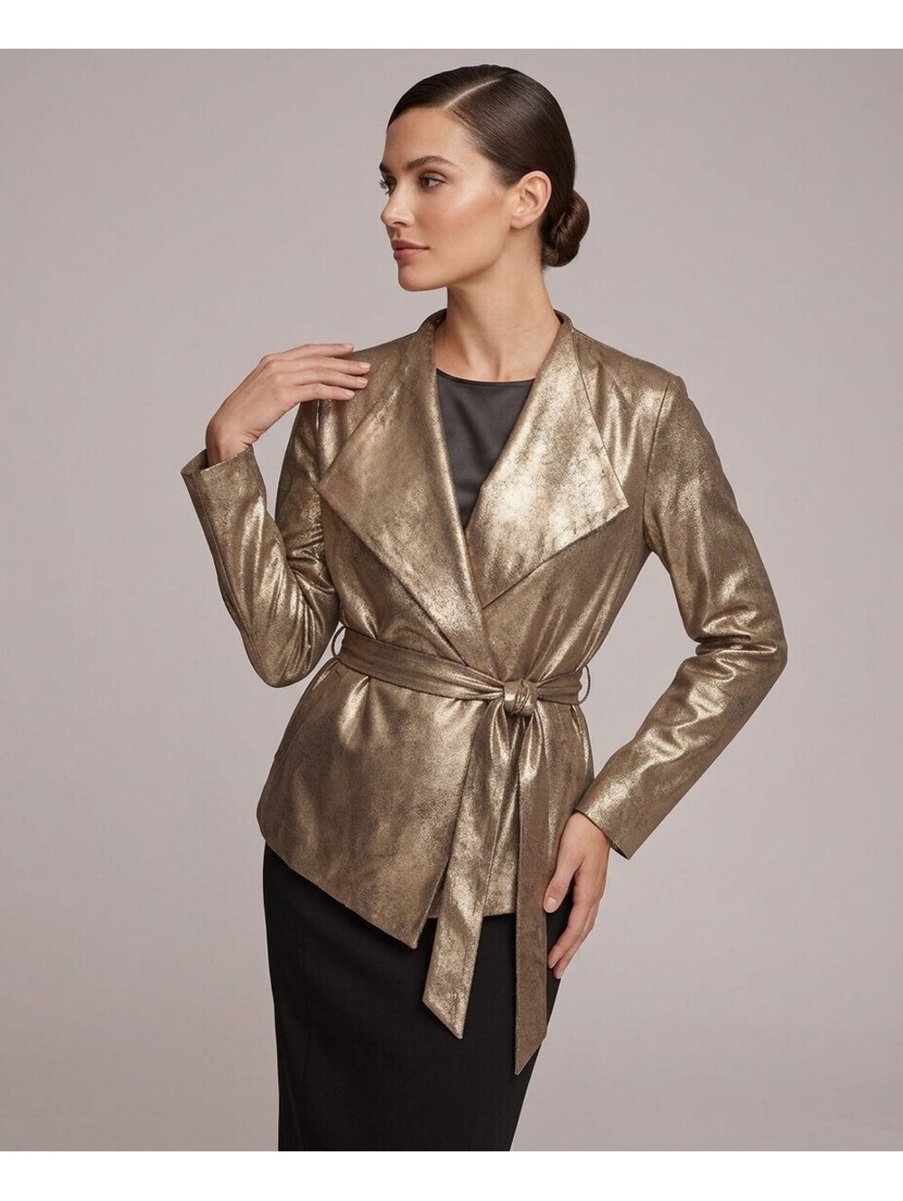 Donna Karan New York Metallic Gold Foil Belted Blazer Jacket Womens Size XS